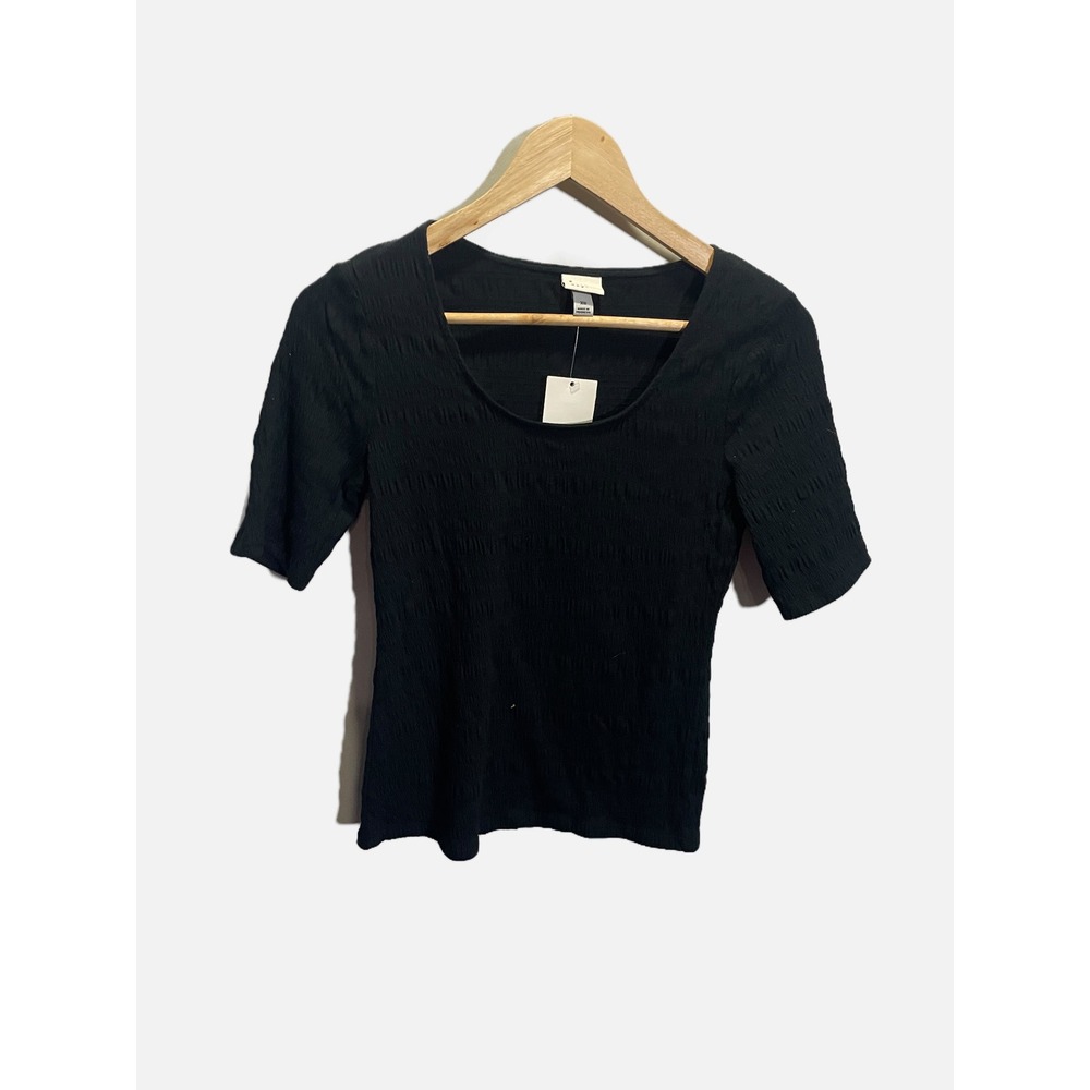A New Day Smocked Top Womens XS Black Scoop Neck Short Sleeve Textured Casual